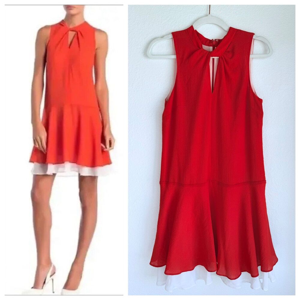 Cynthia Steffe Estella Sleeveless Twist Neck Drop Waist Dress Tomato Red & White